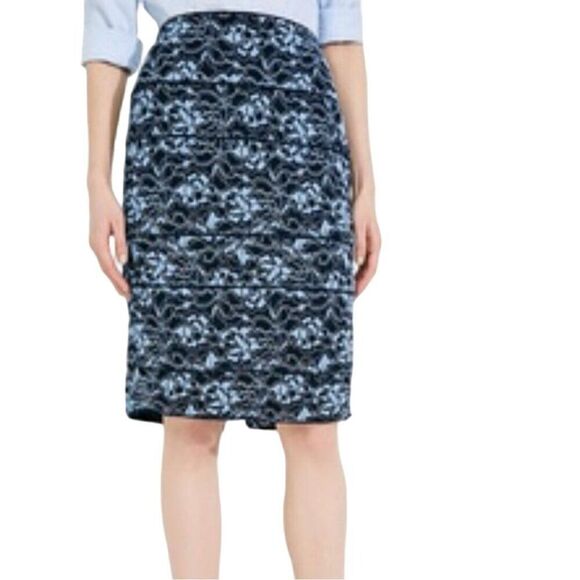 Vintage Y2K Ralph Lauren Formal Floral Lace Pencil Skirt 6 Navy Blue Below Knee - Picture 2 of 11